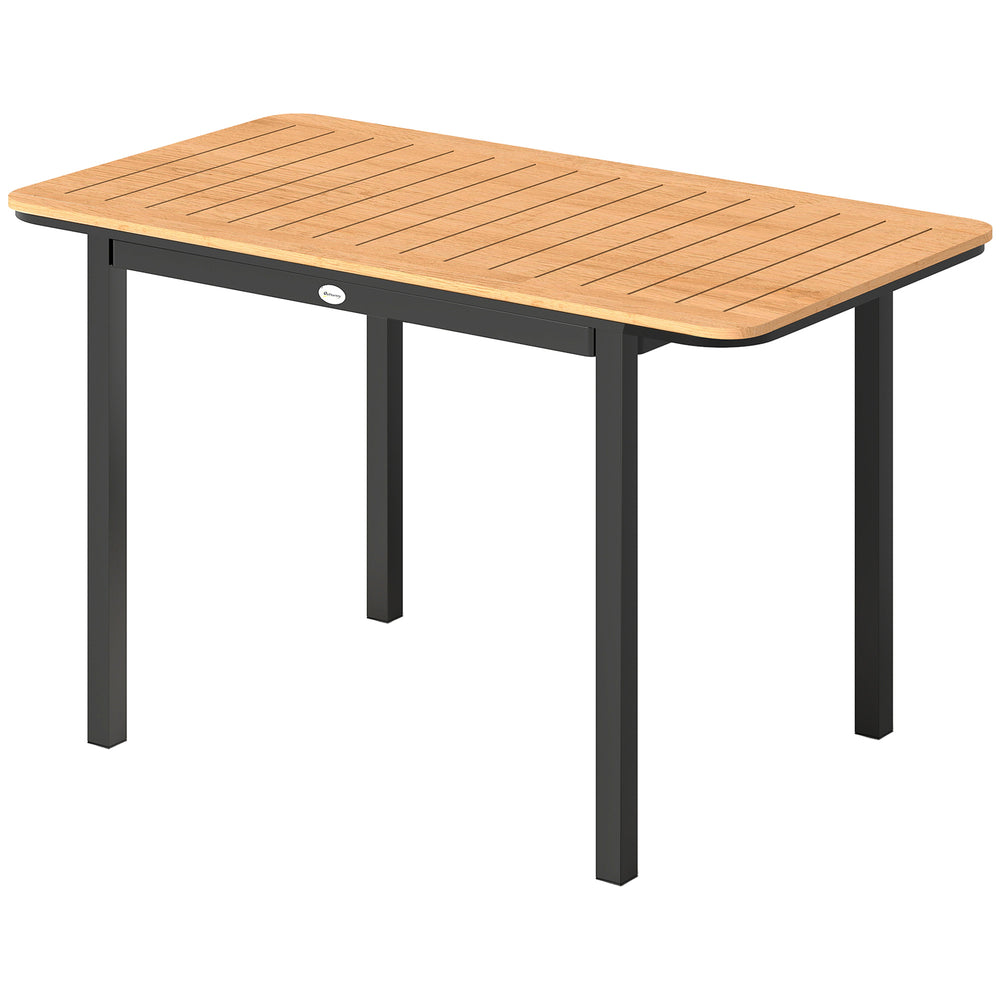 Table de Jardin pour 6 Personnes, 127 x 70 cm, Table d'Extérieur avec Plateau à Lattes en Bois Plastique, Cadre en Métal, Patins Réglables, Mobilier pour Balcon, Terrasse, Marron