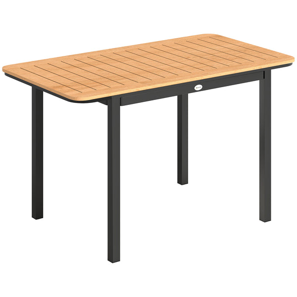 Table de Jardin pour 6 Personnes, 127 x 70 cm, Table d'Extérieur avec Plateau à Lattes en Bois Plastique, Cadre en Métal, Patins Réglables, Mobilier pour Balcon, Terrasse, Marron