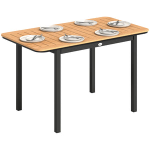 Table de Jardin pour 6 Personnes, 127 x 70 cm, Table d'Extérieur avec Plateau à Lattes en Bois Plastique, Cadre en Métal, Patins Réglables, Mobilier pour Balcon, Terrasse, Marron