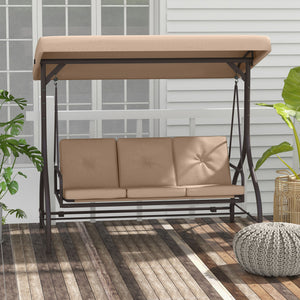 Balancelle de jardin convertible 3 places grand confort avec coussins toit réglable dim. 197L x 120l x 180H cm métal polyester kaki
