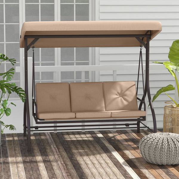 Balancelle de jardin convertible 3 places grand confort avec coussins toit réglable dim. 197L x 120l x 180H cm métal polyester kaki
