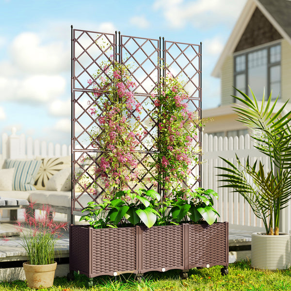 Jardinière avec treillis, bac à fleurs sur roulettes, lit surélevé en plastique avec système d'auto-arrosage, trous de drainage, pour plantes grimpantes, légumes, fleurs, 120x40x192cm, marron