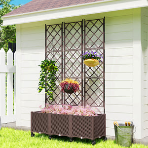 Jardinière avec treillis, bac à fleurs sur roulettes, lit surélevé en plastique avec système d'auto-arrosage, trous de drainage, pour plantes grimpantes, légumes, fleurs, 120x40x192cm, marron