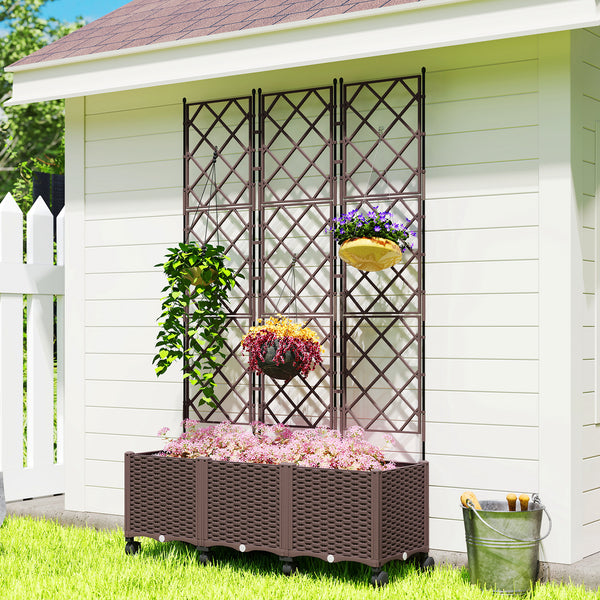 Jardinière avec treillis, bac à fleurs sur roulettes, lit surélevé en plastique avec système d'auto-arrosage, trous de drainage, pour plantes grimpantes, légumes, fleurs, 120x40x192cm, marron
