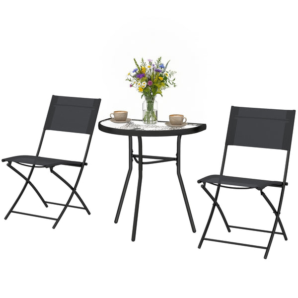 Ensemble de Salon de Jardin Bistrot 3 Pièces, Mobilier de Terrasse avec Table Semi-circulaire, 2 Chaises Pliantes, Maille, Cadre Métallique, Idéal pour Balcon, Patio, Jardin, Noir