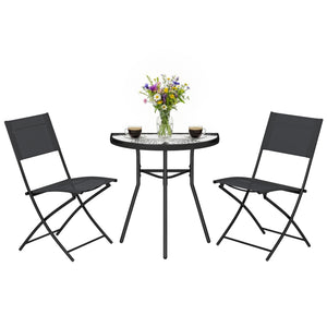 Ensemble de Salon de Jardin Bistrot 3 Pièces, Mobilier de Terrasse avec Table Semi-circulaire, 2 Chaises Pliantes, Maille, Cadre Métallique, Idéal pour Balcon, Patio, Jardin, Noir