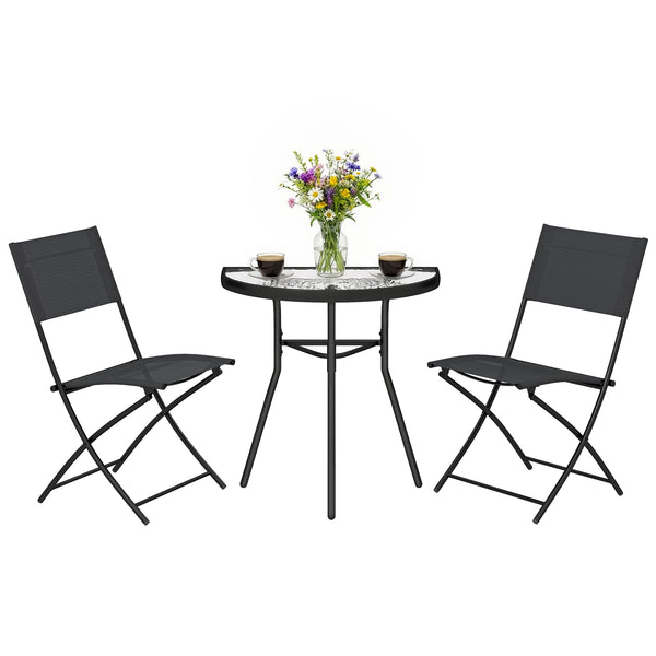 Ensemble de Salon de Jardin Bistrot 3 Pièces, Mobilier de Terrasse avec Table Semi-circulaire, 2 Chaises Pliantes, Maille, Cadre Métallique, Idéal pour Balcon, Patio, Jardin, Noir