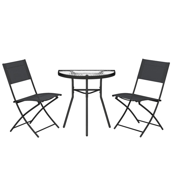 Ensemble de Salon de Jardin Bistrot 3 Pièces, Mobilier de Terrasse avec Table Semi-circulaire, 2 Chaises Pliantes, Maille, Cadre Métallique, Idéal pour Balcon, Patio, Jardin, Noir