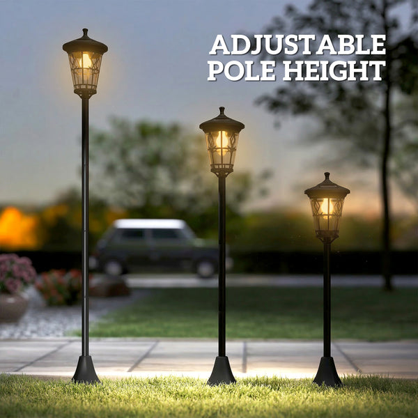 Lot de 2 Lampadaires Solaires de Jardin, Lampes Solaires Extérieures en Acier Inoxydable avec Hauteur Réglable, 2 Modes d'Intensité, Étanchéité IP44, pour Terrasse, Patio, 23,5x23,5x186 cm, Noir