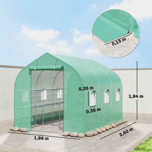 Serre tunnel de jardin 6m², serre de jardin avec étagères, 198x293x194cm, cadre en acier galvanisé, porte et 6 fenêtres, pour extérieur, toutes saisons, bâche PE haute densité 140 g/m², vert