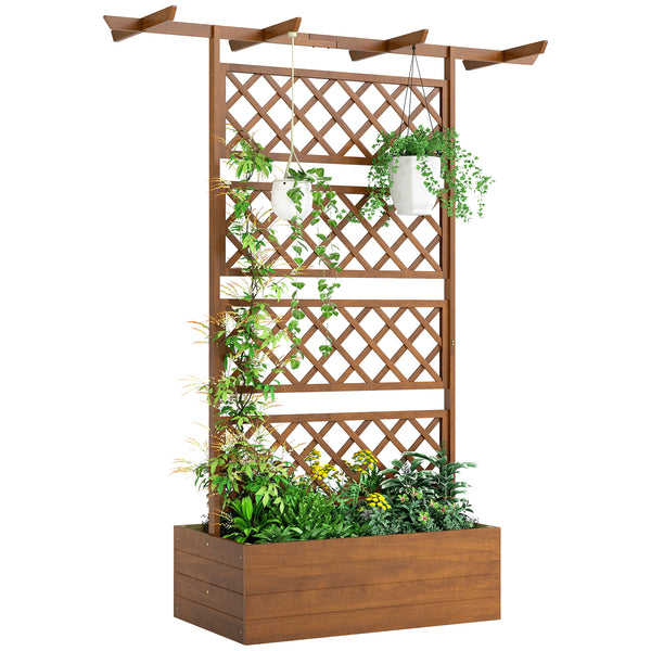 Jardinière Surélevée avec treillis et Barres de Toit, bac à fleurs, lit surélevé Trous de Drainage, tissu non tissé, pour plantes grimpantes, légumes, extérieur, bois massif, bois naturel