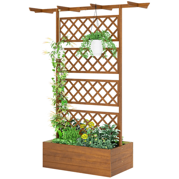 Jardinière Surélevée avec treillis et Barres de Toit, bac à fleurs, lit surélevé Trous de Drainage, tissu non tissé, pour plantes grimpantes, légumes, extérieur, bois massif, bois naturel