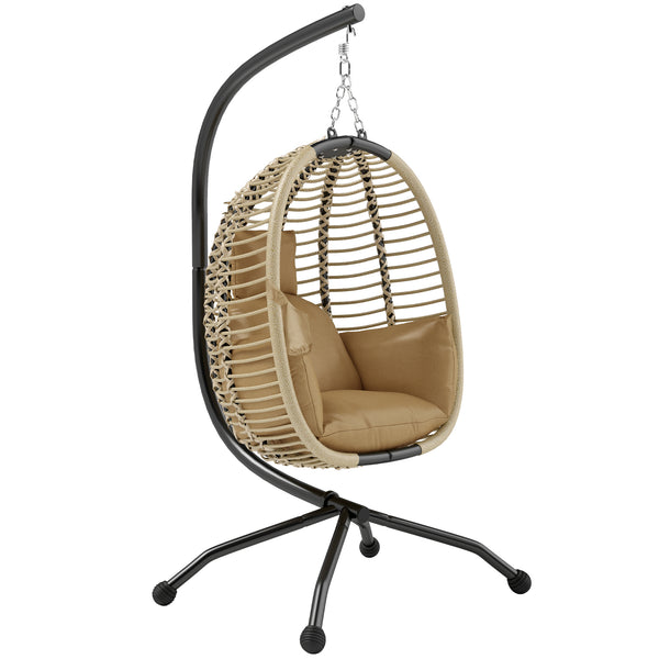 Fauteuil œuf Suspendu balancelle Pliante avec Coussin et Support Usage intérieur extérieur métal corde en polypropylène dim. 110L x 100l x 188H cm beige