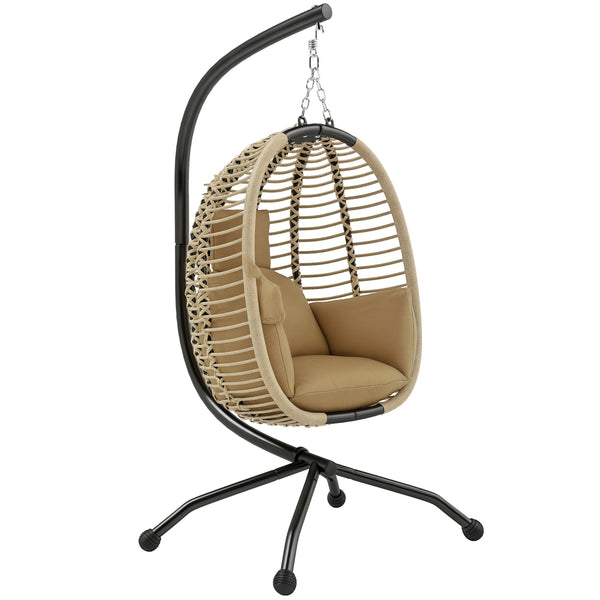 Fauteuil œuf Suspendu balancelle Pliante avec Coussin et Support Usage intérieur extérieur métal corde en polypropylène dim. 110L x 100l x 188H cm beige
