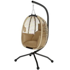 Fauteuil œuf Suspendu balancelle Pliante avec Coussin et Support Usage intérieur extérieur métal corde en polypropylène dim. 110L x 100l x 188H cm beige
