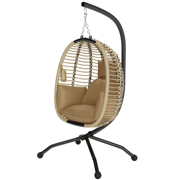 Fauteuil œuf Suspendu balancelle Pliante avec Coussin et Support Usage intérieur extérieur métal corde en polypropylène dim. 110L x 100l x 188H cm beige