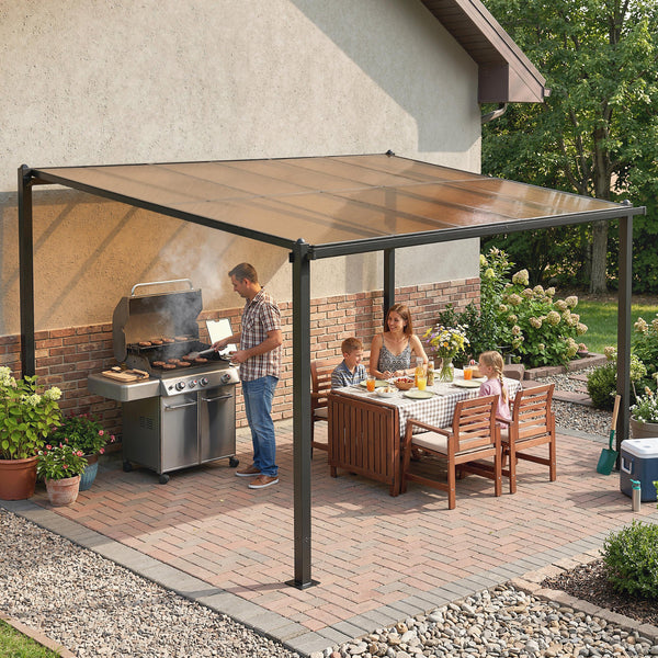 Pergola adossée 3,8 x 3 m avec toit étanche en polycarbonate, structure en aluminium, auvent rigide avec gouttières intégrées, ombrage extérieur robuste, gris foncé