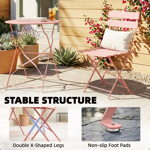 Ensemble Bistrot de Jardin 3 Pièces san Montage - Table et 2 Chaises Pliantes à Lattes en Métal avec Double Protection Antirouille - Mobilier de Balcon et Terrasse Chic, Rose