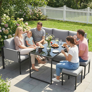 Salon de Jardin 6 Pièces Canapé d'Angle Extérieur - Ensemble Meuble de Jardin avec Coussins 10cm, Table Haute et 2 Repose-pieds - Mobilier de Terrasse 7 Personnes Acier et Textilène, Gris
