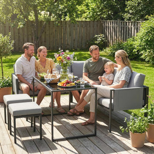 Salon de Jardin 6 Pièces Canapé d'Angle Extérieur - Ensemble Meuble de Jardin avec Coussins 10cm, Table Haute et 2 Repose-pieds - Mobilier de Terrasse 7 Personnes Acier et Textilène, Gris