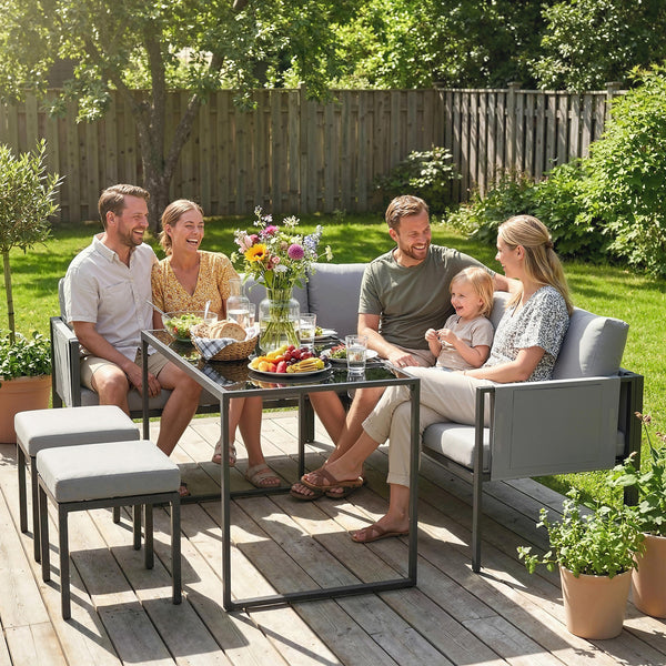 Salon de Jardin 6 Pièces Canapé d'Angle Extérieur - Ensemble Meuble de Jardin avec Coussins 10cm, Table Haute et 2 Repose-pieds - Mobilier de Terrasse 7 Personnes Acier et Textilène, Gris