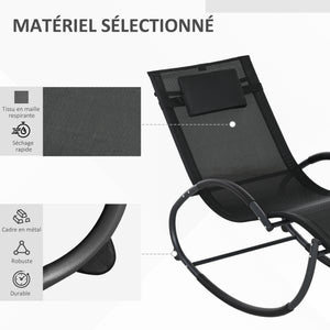 Chaise longue à bascule, transat de jardin ergonomique, bain de soleil, avec tétière, rocking chair, textilène, utilisation extérieure intérieure, noir