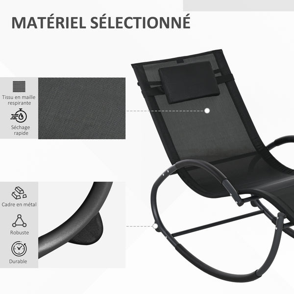 Chaise longue à bascule, transat de jardin ergonomique, bain de soleil, avec tétière, rocking chair, textilène, utilisation extérieure intérieure, noir