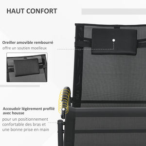 Chaise longue à bascule, transat de jardin ergonomique, bain de soleil, avec tétière, rocking chair, textilène, utilisation extérieure intérieure, noir