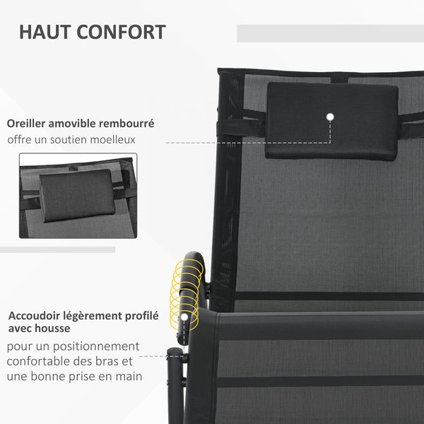Chaise longue à bascule, transat de jardin ergonomique, bain de soleil, avec tétière, rocking chair, textilène, utilisation extérieure intérieure, noir