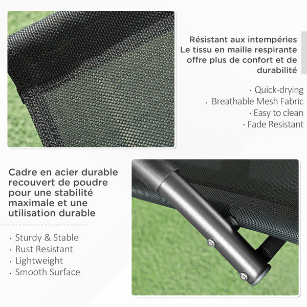 Chaise longue à bascule, transat de jardin ergonomique, bain de soleil, avec tétière, rocking chair, textilène, utilisation extérieure intérieure, noir