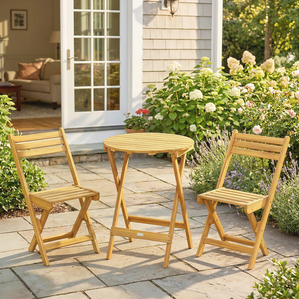 Ensemble de Bistrot 3 Pièces Pliable en Bois d'Acacia, Table Ronde 60 cm et 2 Chaises à Lattes san Montage, Salon de Jardin Extérieur pour Balcon Patio Jardin, Naturel