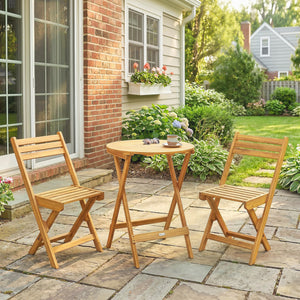 Ensemble de Bistrot 3 Pièces Pliable en Bois d'Acacia, Table Ronde 60 cm et 2 Chaises à Lattes san Montage, Salon de Jardin Extérieur pour Balcon Patio Jardin, Naturel