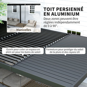 Pergola bioclimatique 3 x 6 m, pergola jardin extérieur avec persiennes manivelle toit réglable en aluminium et crochets, tonnelle de jardin, terrasse, patio, gris foncé