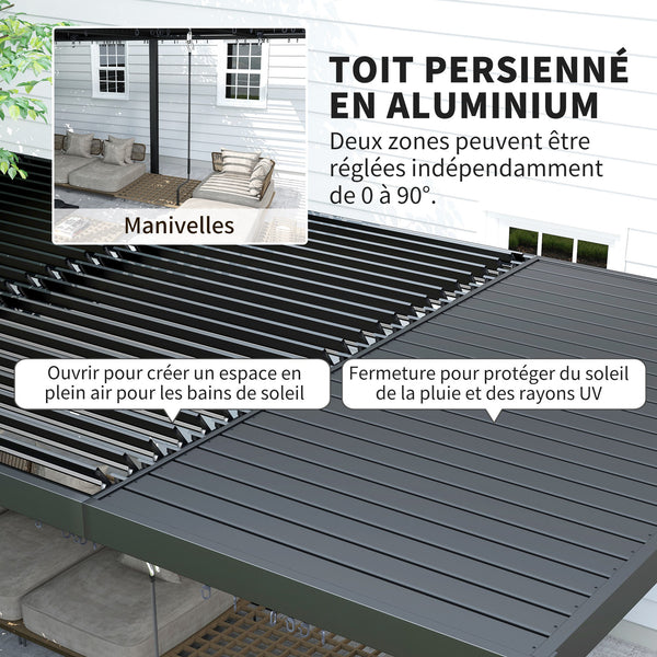 Pergola bioclimatique 3 x 6 m, pergola jardin extérieur avec persiennes manivelle toit réglable en aluminium et crochets, tonnelle de jardin, terrasse, patio, gris foncé