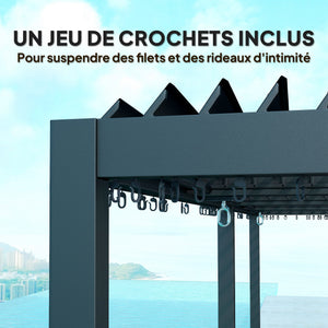 Pergola bioclimatique 3 x 6 m, pergola jardin extérieur avec persiennes manivelle toit réglable en aluminium et crochets, tonnelle de jardin, terrasse, patio, gris foncé