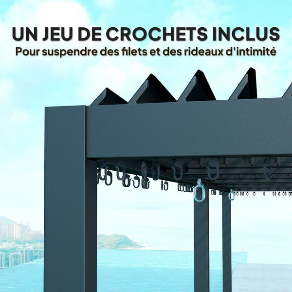 Pergola bioclimatique 3 x 6 m, pergola jardin extérieur avec persiennes manivelle toit réglable en aluminium et crochets, tonnelle de jardin, terrasse, patio, gris foncé