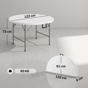 Table ronde de jardin pliante Ø122 cm peut accueillir 6 personnes pour évènement, structure métal, plateau HDPE