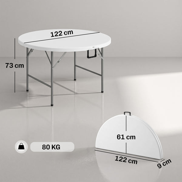 Table ronde de jardin pliante Ø122 cm peut accueillir 6 personnes pour évènement, structure métal, plateau HDPE