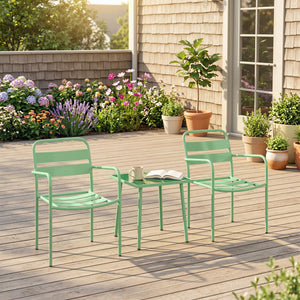 Ensemble Bistrot de Jardin 3 Pièces - Table Basse en Verre Trempé et 2 Chaises à Lattes, Cadre en Acier Galvanisé Antirouille - Mobilier de Jardin, Balcon et Terrasse Chic, Vert