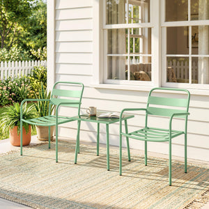 Ensemble Bistrot de Jardin 3 Pièces - Table Basse en Verre Trempé et 2 Chaises à Lattes, Cadre en Acier Galvanisé Antirouille - Mobilier de Jardin, Balcon et Terrasse Chic, Vert