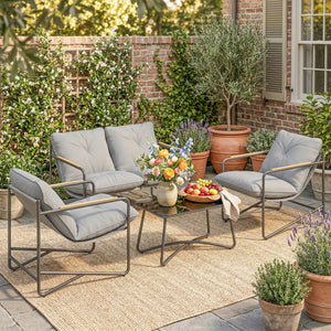 Ensemble Salon de Jardin 4 Pièces, Mobilier de Jardin en Métal avec Canapé 2 Places, 2 Fauteuils, Table Basse en Verre, Coussins Épais, Salon d'Extérieur pour Patio Balcon, Gris Clair