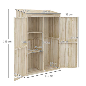 Armoire de jardin, armoire de rangement en bois, 2 étagères, 2 portes magnétiques, toit incliné, compartiment droit spacieux, 120 x 57 x 183 cm, bois naturel