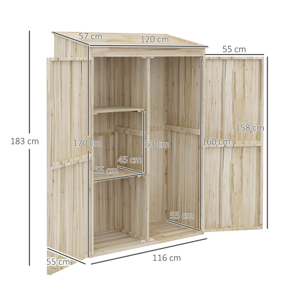Armoire de jardin, armoire de rangement en bois, 2 étagères, 2 portes magnétiques, toit incliné, compartiment droit spacieux, 120 x 57 x 183 cm, bois naturel