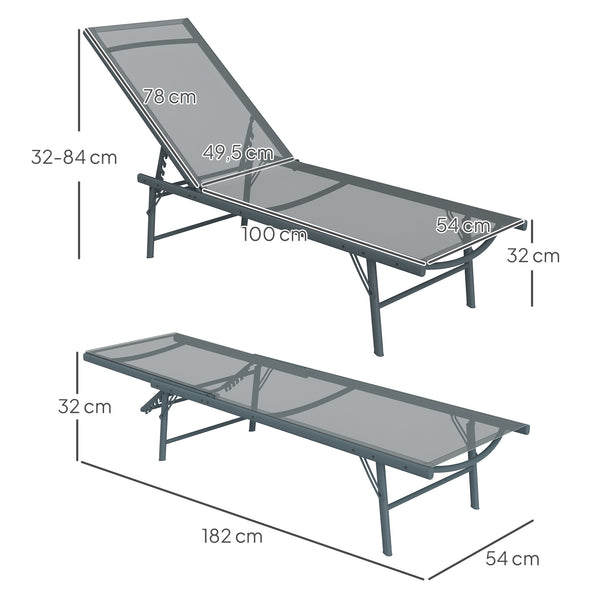 Lot de 2 bain de soleil, chaise longue pliante en textilène, transat jardin extérieur inclinable de plage, relax, camping, piscine, terrasse, 54 x 164 x 84 cm, gris clair