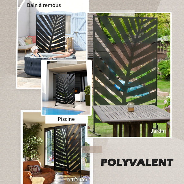 Paravent séparateur de jardin cloison de séparation 3 panneaux décoratifs extérieur à motif végétal en acier - 122 x 45 x 198 cm noir