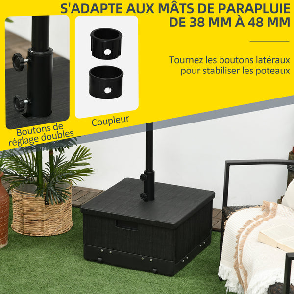 Pied de parasol base de lestage table d'appoint jardinière avec drainage roulettes et poignées PE et métal dim. 53L x 53l x 47H cm noir