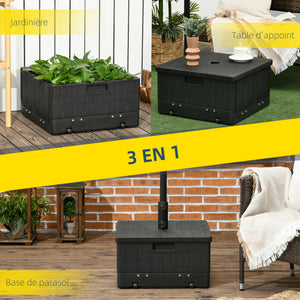 Pied de parasol base de lestage table d'appoint jardinière avec drainage roulettes et poignées PE et métal dim. 53L x 53l x 47H cm noir