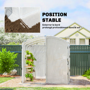 Serre tunnel de jardin 6m², serre de jardin tunnel 300x200x195cm bâche PE 220g/m², bords prolongés 50 cm, avec porte, pour extérieur, toutes saisons, légumes, fruits, fleurs, blanc