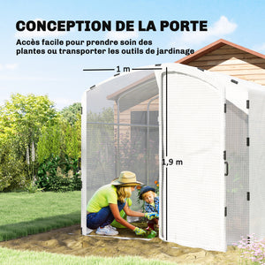 Serre tunnel de jardin 6m², serre de jardin tunnel 300x200x195cm bâche PE 220g/m², bords prolongés 50 cm, avec porte, pour extérieur, toutes saisons, légumes, fruits, fleurs, blanc