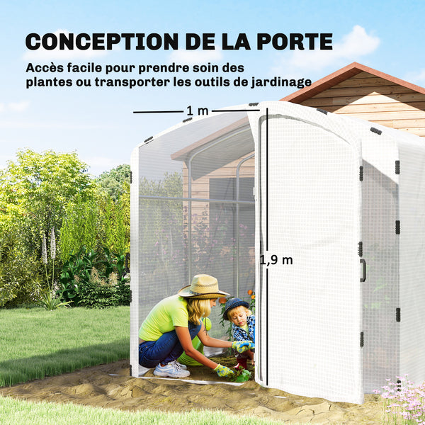 Serre tunnel de jardin 6m², serre de jardin tunnel 300x200x195cm bâche PE 220g/m², bords prolongés 50 cm, avec porte, pour extérieur, toutes saisons, légumes, fruits, fleurs, blanc